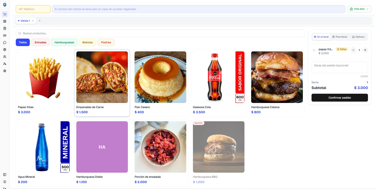 Punto de venta — pantalla principal de toma de pedidos